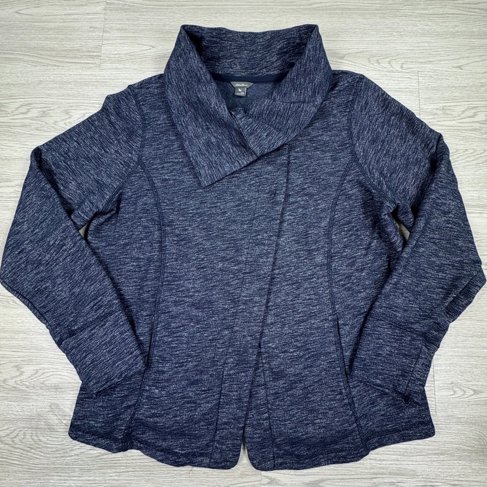 Eddie Bauer Women's Wrap Jacket Space Dye Navy Blue 2XL Peplum Cowl‎ Neck Fleece